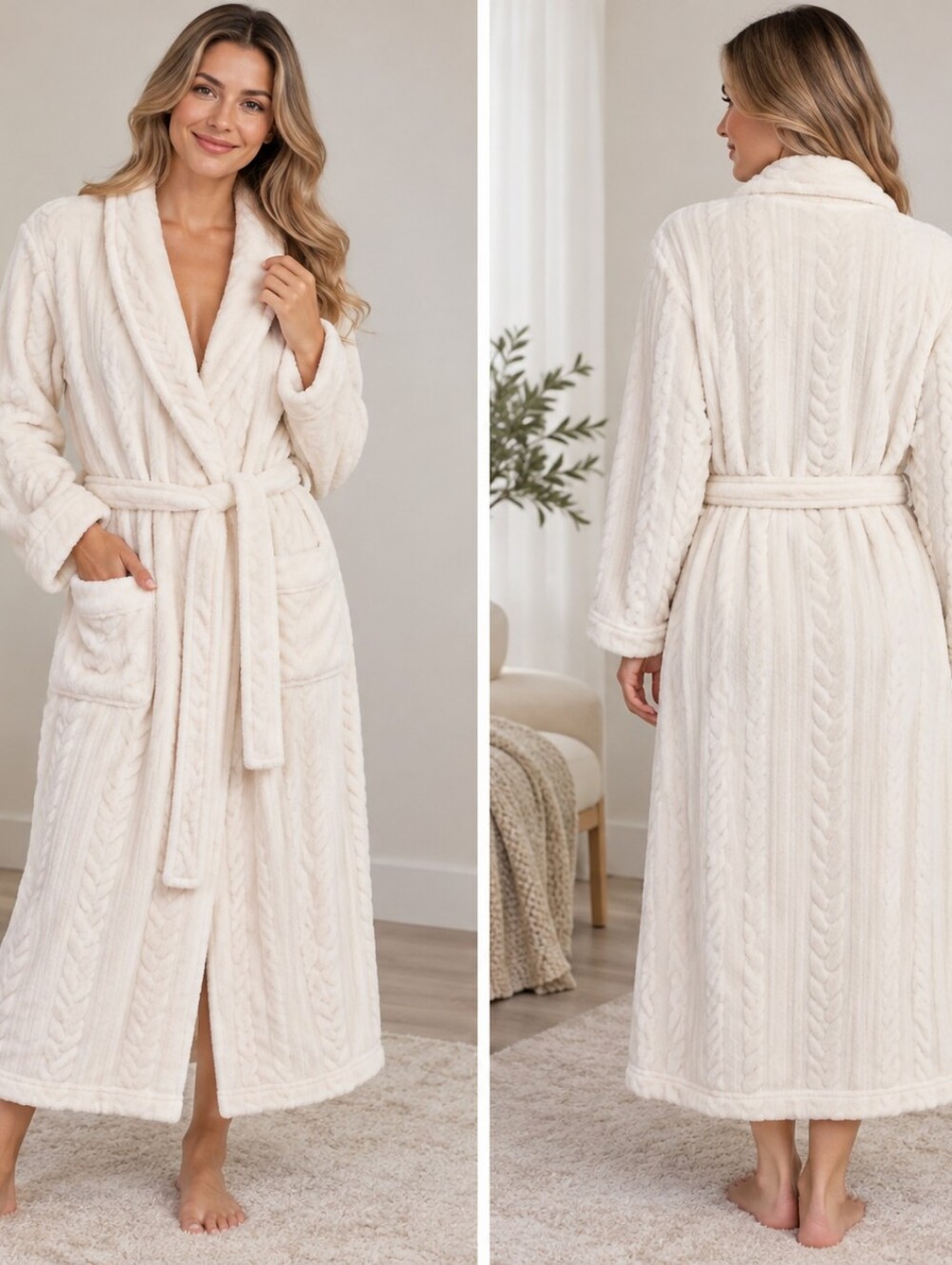 gilligan & o'malley cable knit robe ivory cream m/l shawl collar